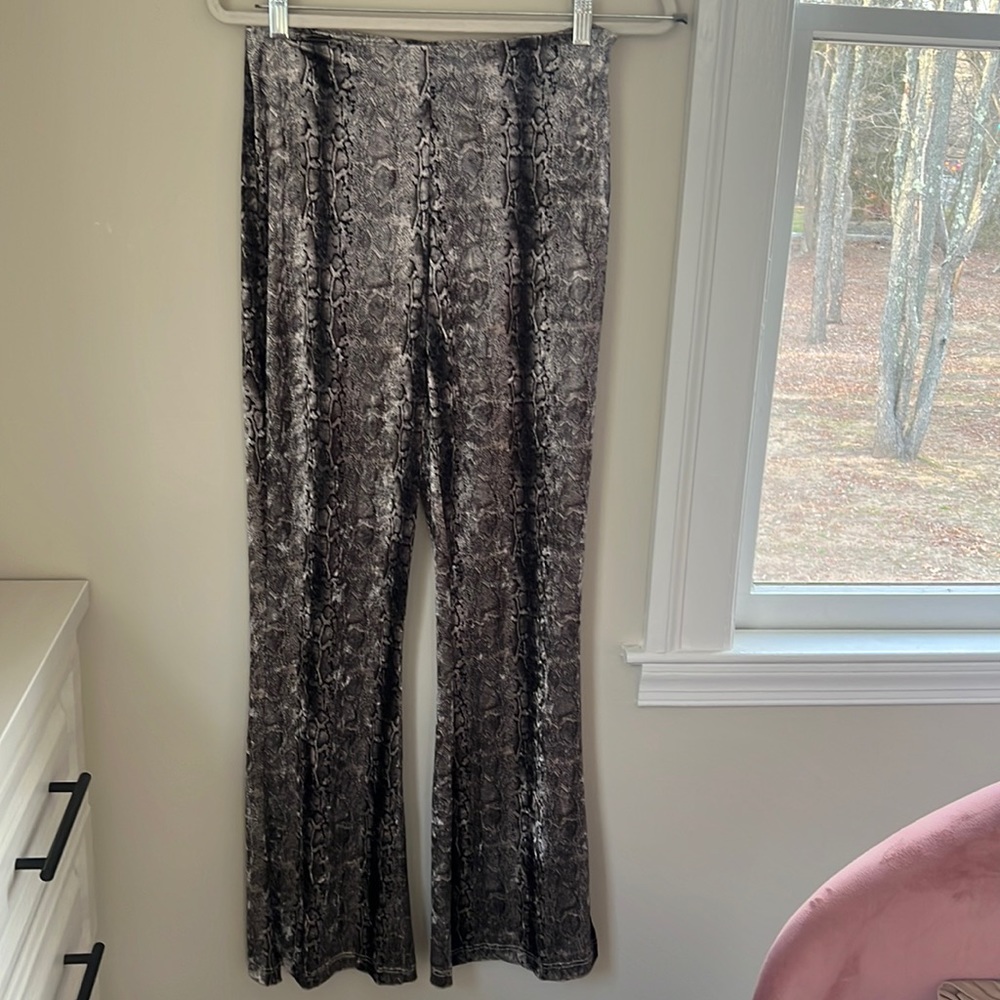 Snake print velvet flare pants